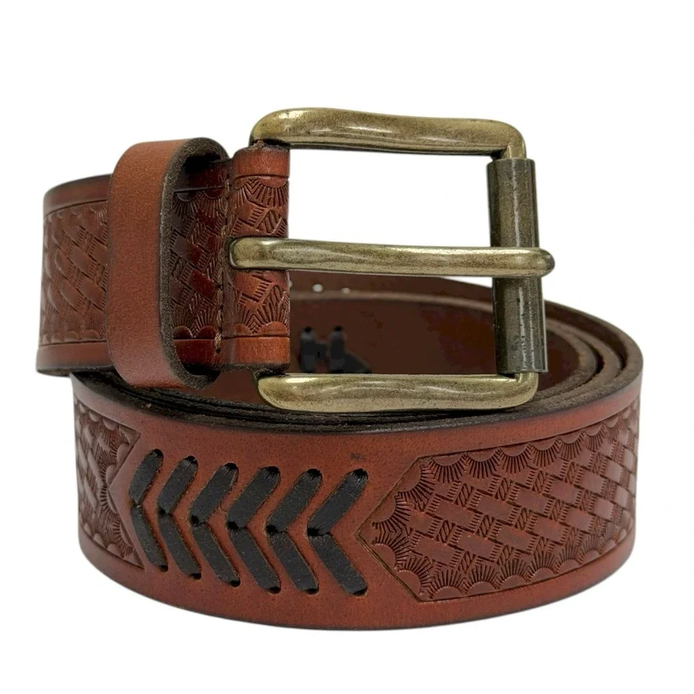 Lucky Brand Men's Size 32 Brown Genuine Leather Lacing Detail Laser Cut Belt NWT